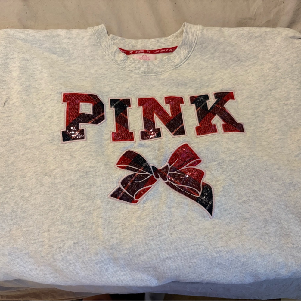 LoveShackFancy White Sweatshirt with Red Bow and Pink Lettering